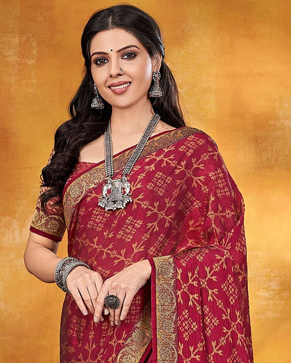 Vishal Prints Burgundy Brasso Saree With Zari Border