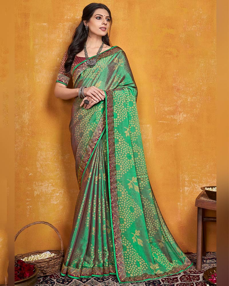 Vishal Prints Dark Mint Green Brasso Saree With Zari Border