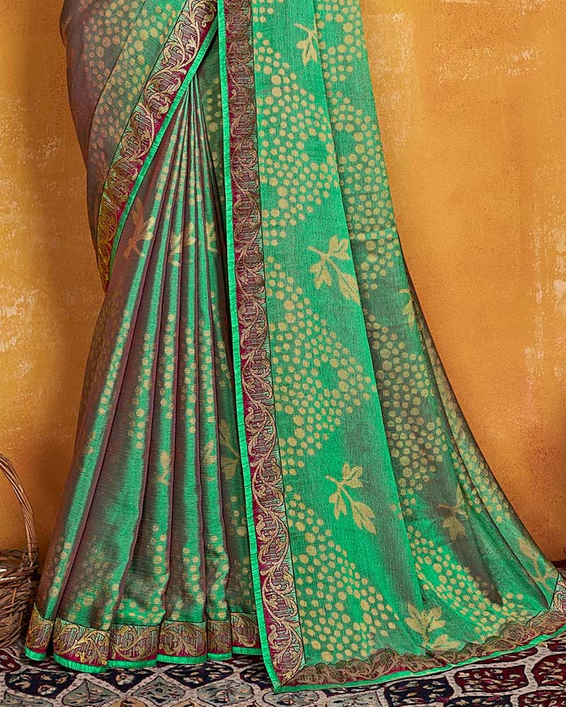 Vishal Prints Dark Mint Green Brasso Saree With Zari Border