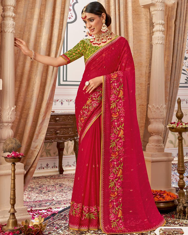 Vishal Prints Shiraz Pink Designer Patterned Chiffon Saree With Embroidery-Diamond Work And Border