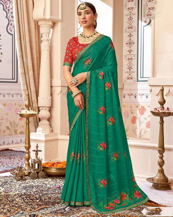 Vishal Prints Dark Sea Green Designer Patterned Chiffon Saree With Embroidery-Diamond Work And Border