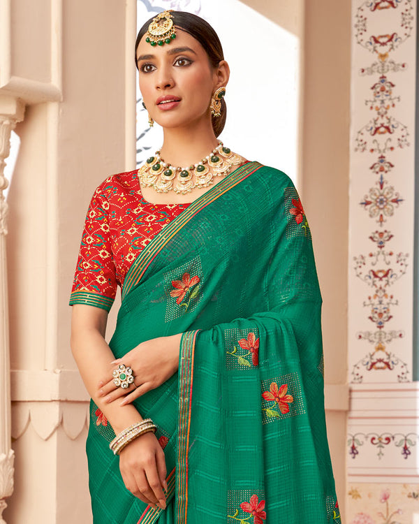 Vishal Prints Dark Sea Green Designer Patterned Chiffon Saree With Embroidery-Diamond Work And Border