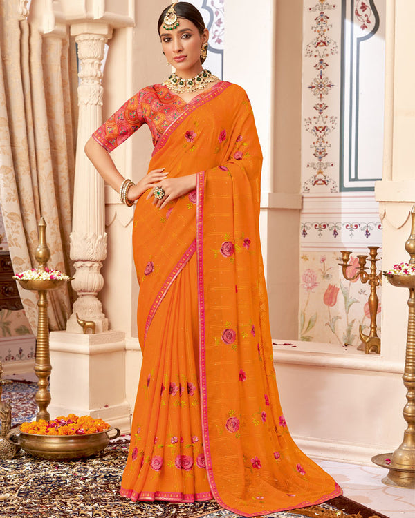 Vishal Prints Orange Designer Patterned Chiffon Saree With Embroidery-Diamond Work And Border