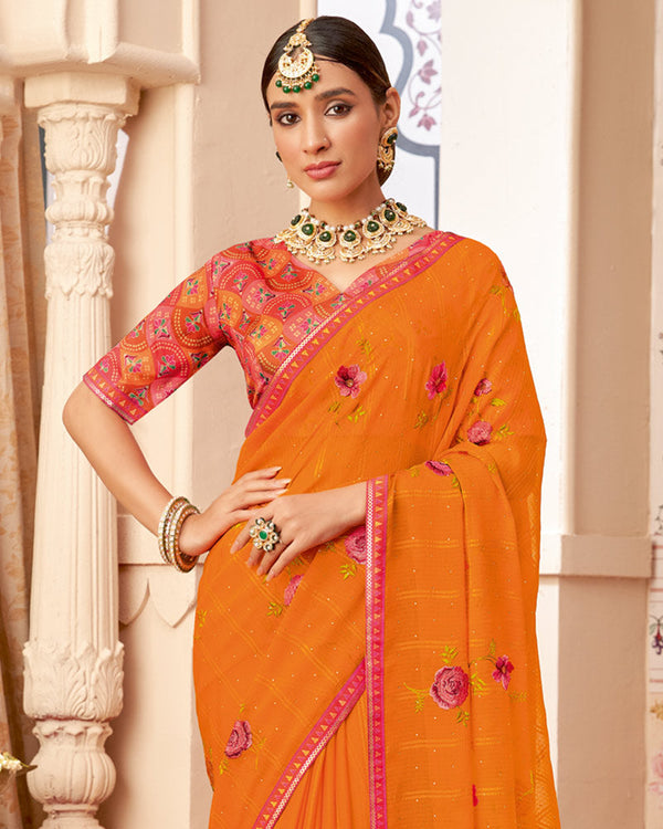 Vishal Prints Orange Designer Patterned Chiffon Saree With Embroidery-Diamond Work And Border