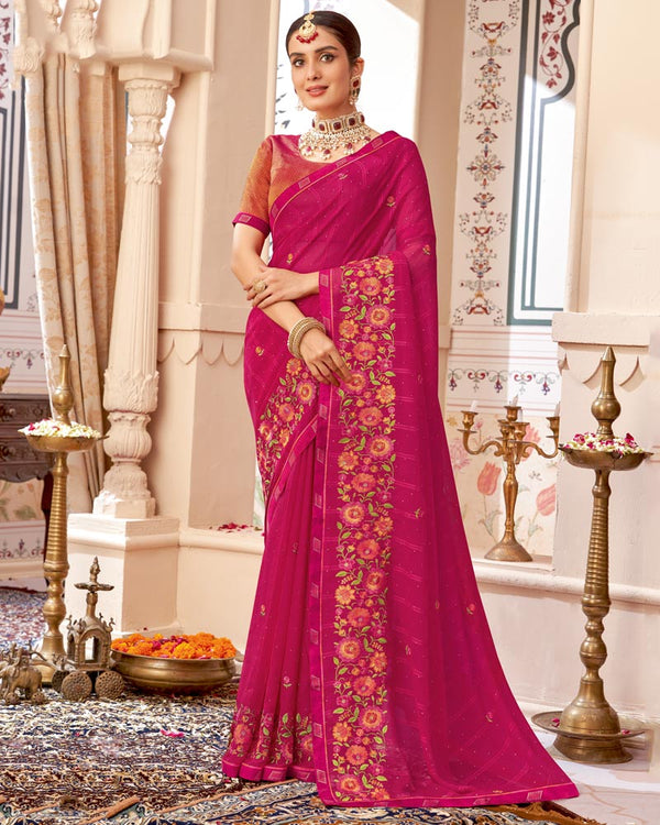 Vishal Prints Maroon Flush Designer Patterned Chiffon Saree With Embroidery-Diamond Work And Border