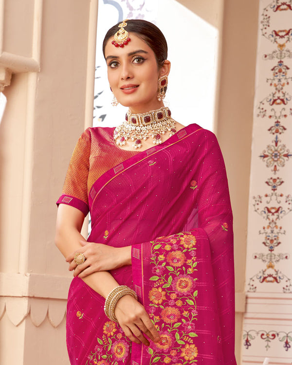 Vishal Prints Maroon Flush Designer Patterned Chiffon Saree With Embroidery-Diamond Work And Border