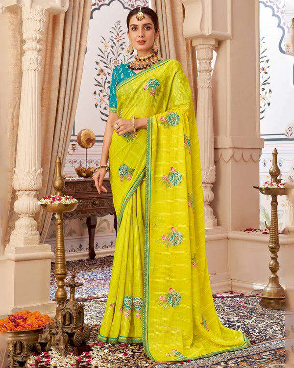 Vishal Prints Lime Yellow Designer Patterned Chiffon Saree With Embroidery-Diamond Work And Border