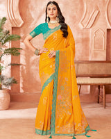 Vishal Prints Bright Yellow Designer Dola Silk Saree With Weaving-Diamond Work And Cut Work Border