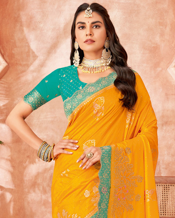 Vishal Prints Bright Yellow Designer Dola Silk Saree With Weaving-Diamond Work And Cut Work Border