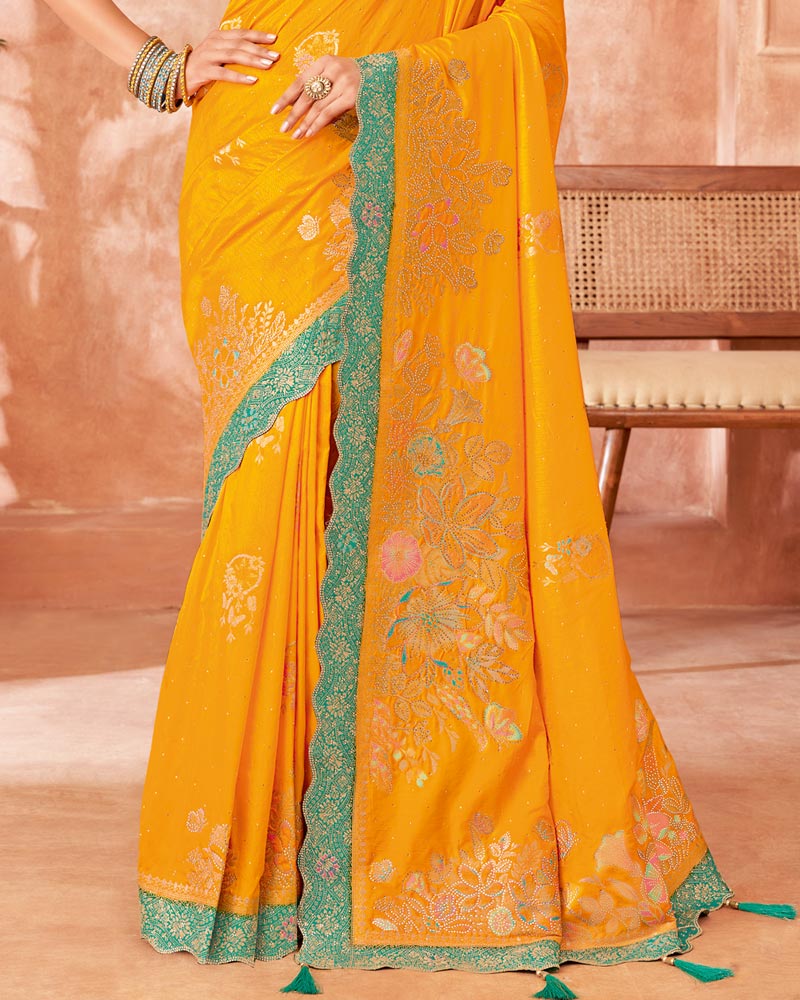 Vishal Prints Bright Yellow Designer Dola Silk Saree With Weaving-Diamond Work And Cut Work Border