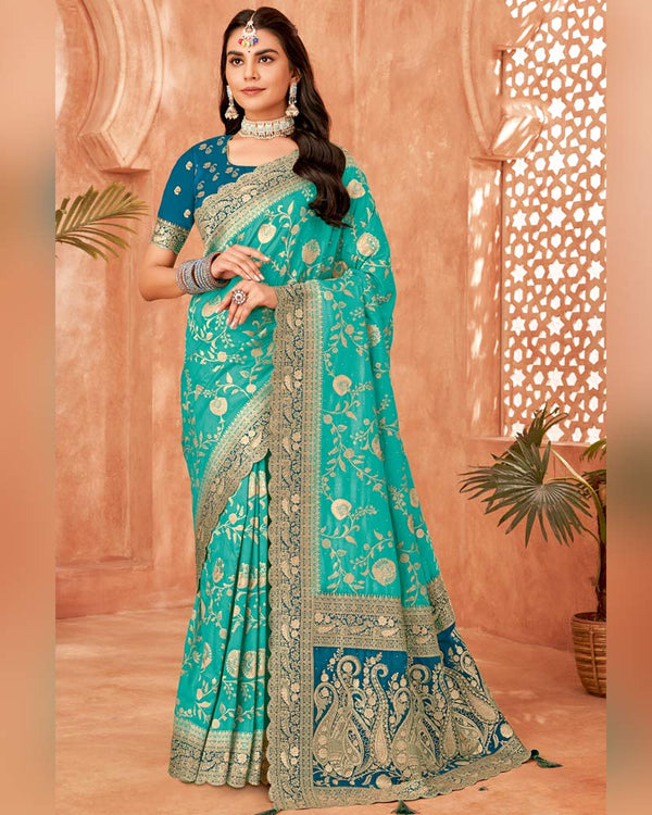 Vishal Prints Sea Green Designer Dola Silk Saree With Weaving-Diamond Work And Cut Work Border