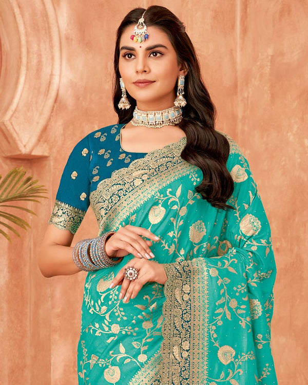 Vishal Prints Sea Green Designer Dola Silk Saree With Weaving-Diamond Work And Cut Work Border