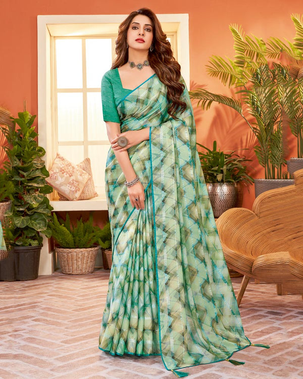 Vishal Prints Aqua Green Digital Print Fancy Brasso Saree With Core Piping And Tassel