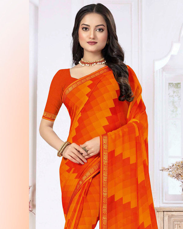 Vishal Prints Dark Orange Printed Georgette Saree With Zari Border