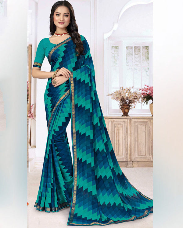 Vishal Prints Teal Blue Printed Georgette Saree With Zari Border