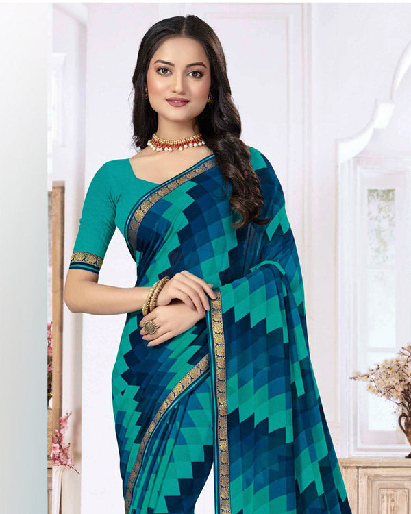 Vishal Prints Teal Blue Printed Georgette Saree With Zari Border