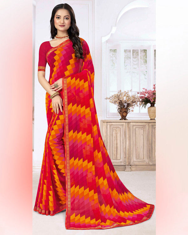 Vishal Prints Shiraz Red Printed Georgette Saree With Zari Border