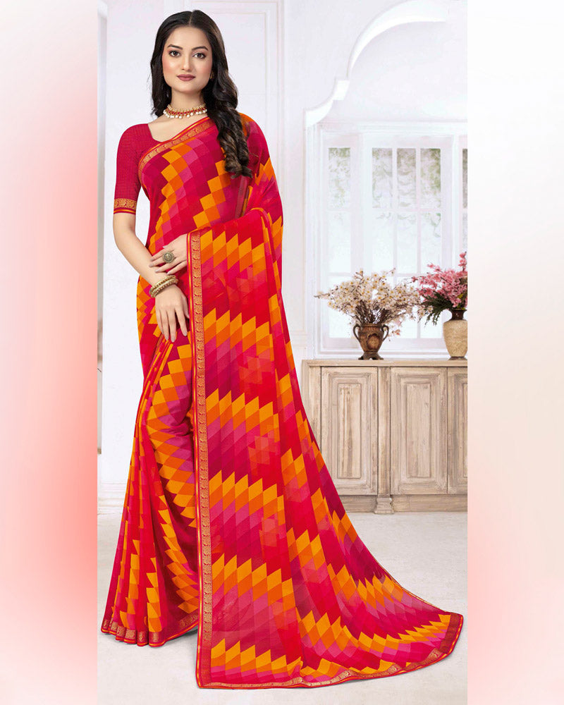 Vishal Prints Shiraz Red Printed Georgette Saree With Zari Border