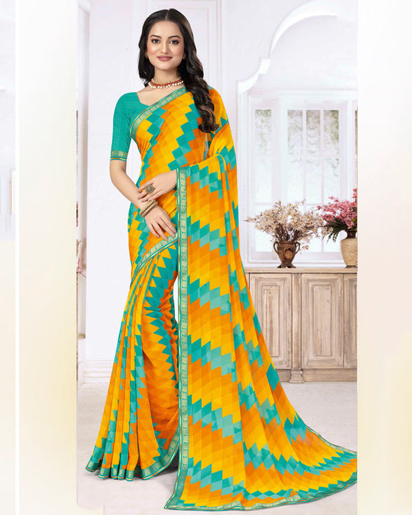 Vishal Prints Teal Green Printed Georgette Saree With Zari Border