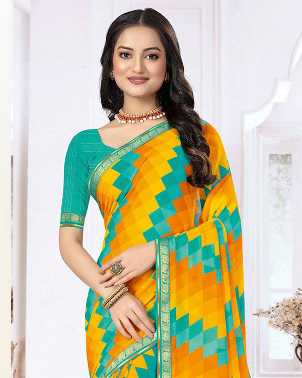 Vishal Prints Teal Green Printed Georgette Saree With Zari Border