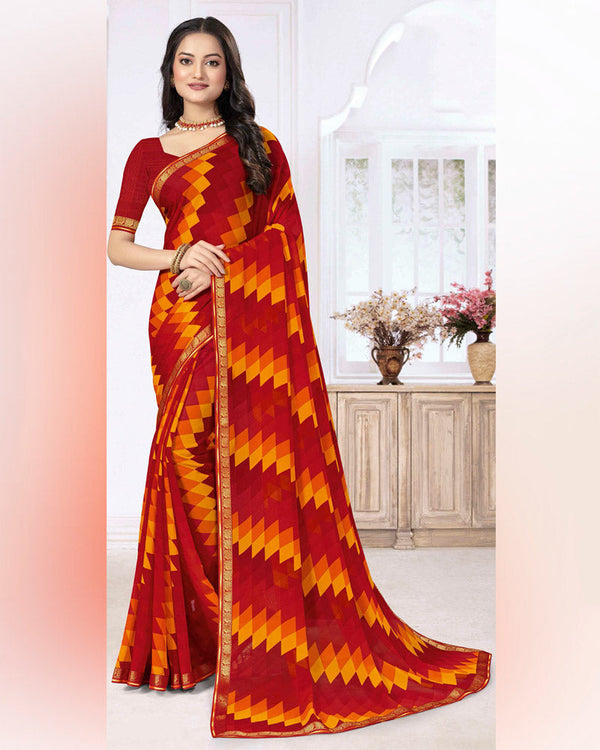 Vishal Prints Dark Red Printed Georgette Saree With Zari Border