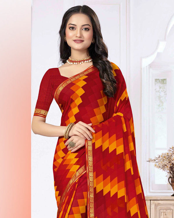 Vishal Prints Dark Red Printed Georgette Saree With Zari Border