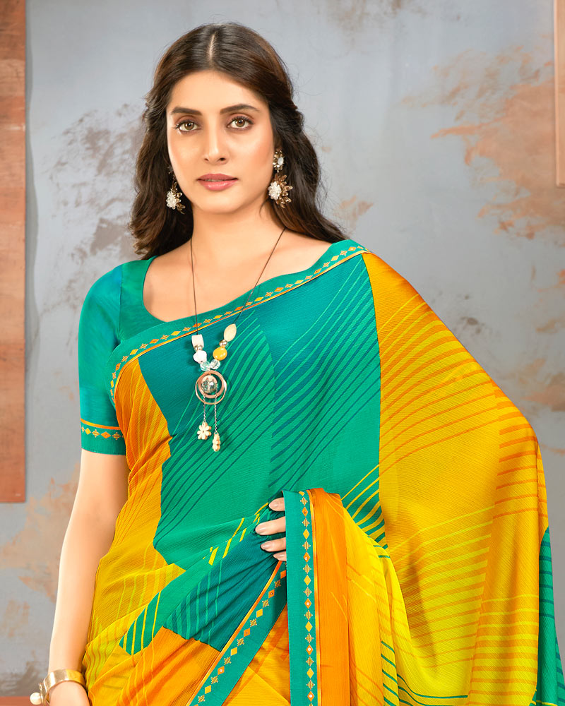 Vishal Prints Aqua Green Printed Fancy Chiffon Saree With Border