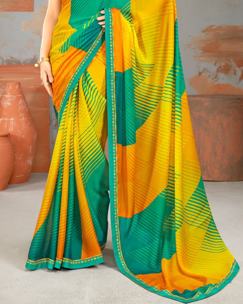 Vishal Prints Aqua Green Printed Fancy Chiffon Saree With Border