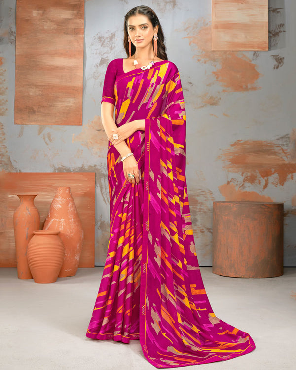 Vishal Prints Dark Fuchsia Printed Fancy Chiffon Saree With Border