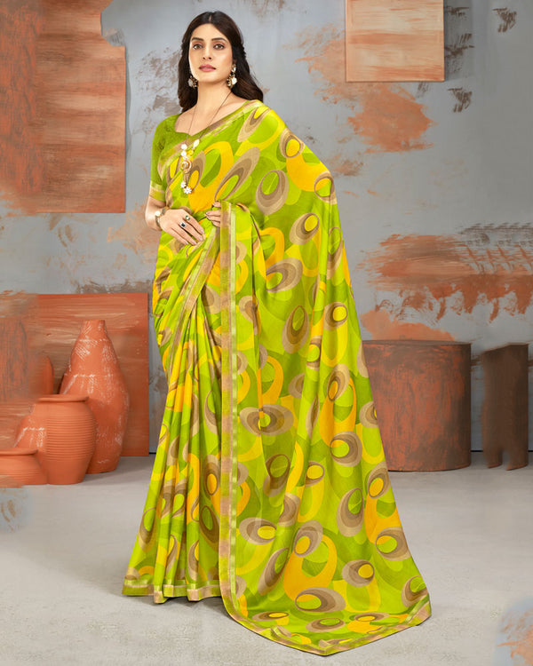 Vishal Prints Olive Green Printed Fancy Chiffon Saree With Border