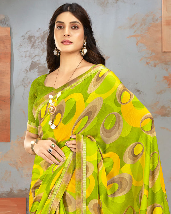 Vishal Prints Olive Green Printed Fancy Chiffon Saree With Border