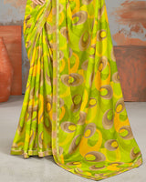 Vishal Prints Olive Green Printed Fancy Chiffon Saree With Border