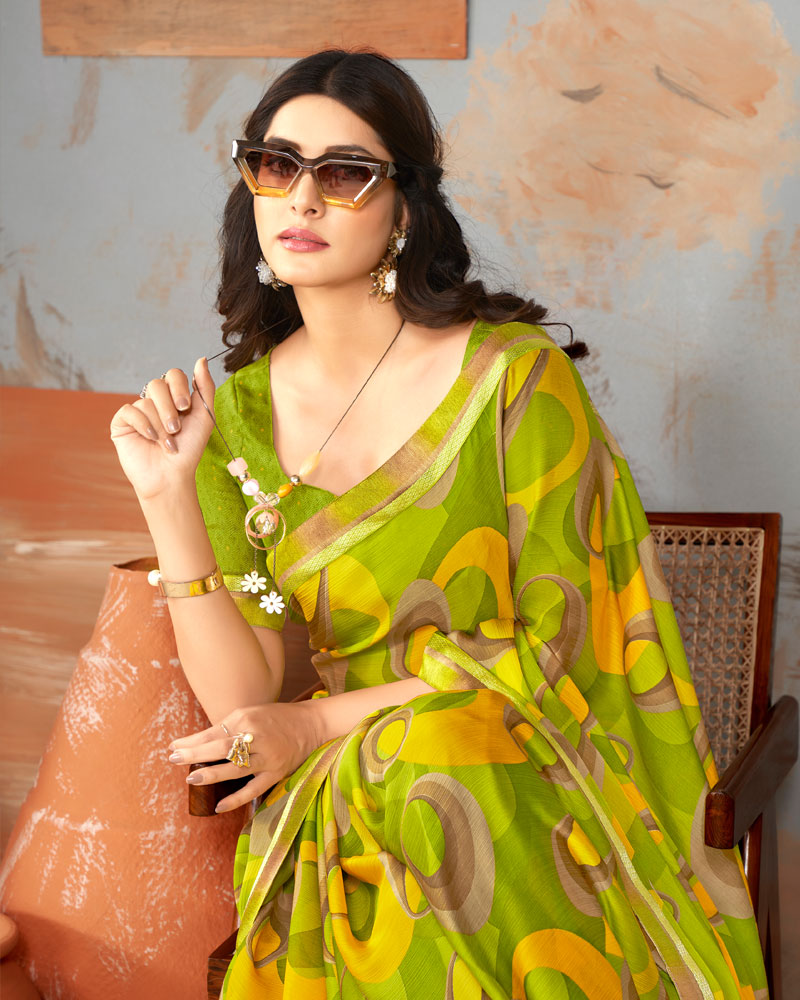 Vishal Prints Olive Green Printed Fancy Chiffon Saree With Border