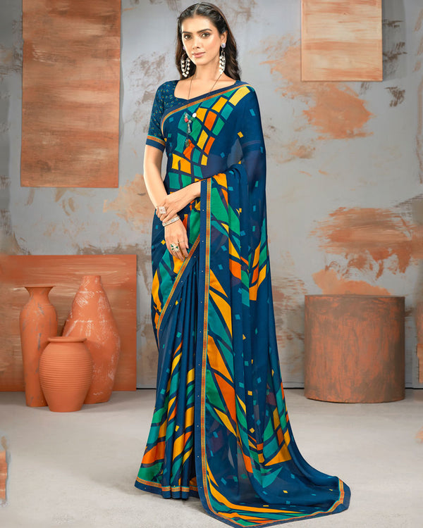 Vishal Prints Prussian Blue Printed Fancy Chiffon Saree With Border