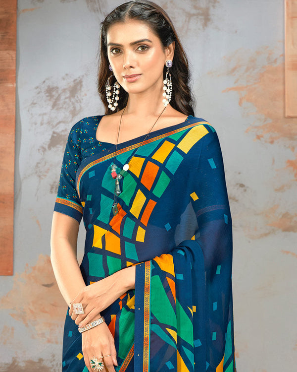 Vishal Prints Prussian Blue Printed Fancy Chiffon Saree With Border