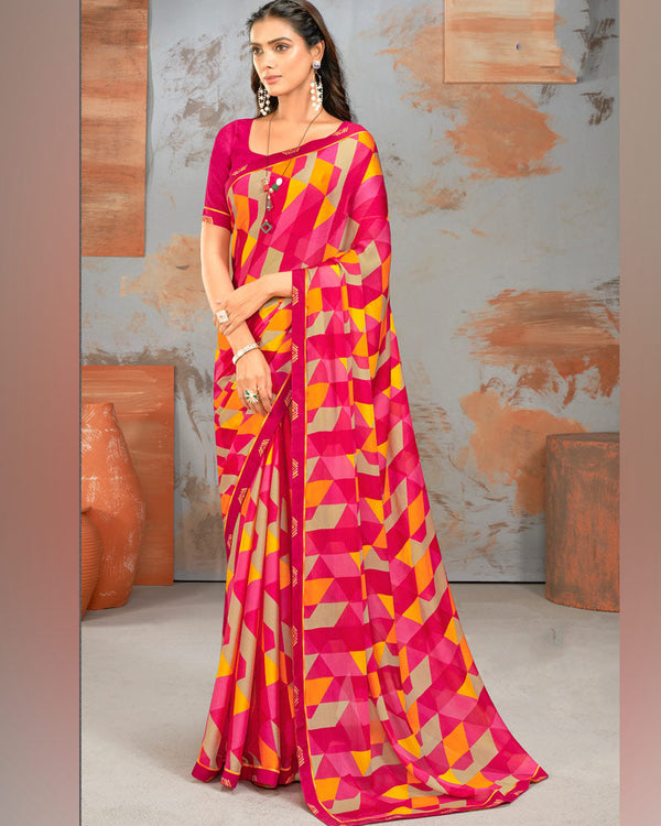 Vishal Prints Multi Pink Printed Fancy Chiffon Saree With Border