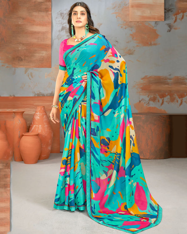 Vishal Prints Aqua Blue Printed Fancy Chiffon Saree With Border