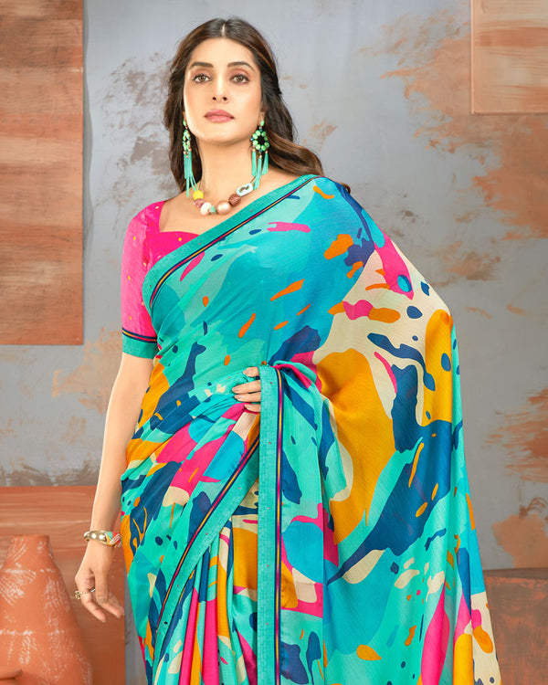 Vishal Prints Aqua Blue Printed Fancy Chiffon Saree With Border