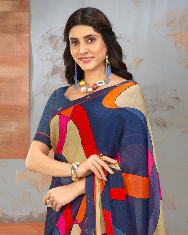 Vishal Prints Dark Navy Blue Printed Fancy Chiffon Saree With Border