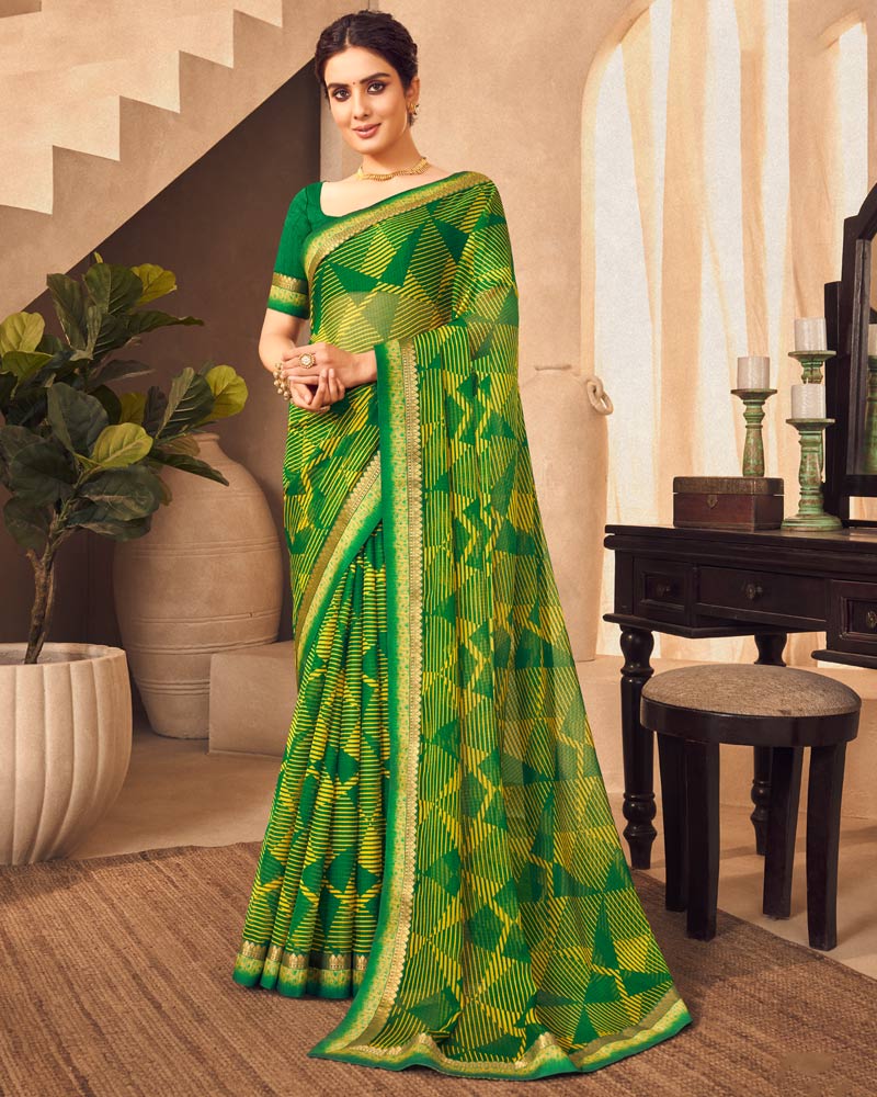 Vishal Prints Dark Green Printed Chiffon Saree With Fancy Border