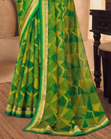 Vishal Prints Dark Green Printed Chiffon Saree With Fancy Border