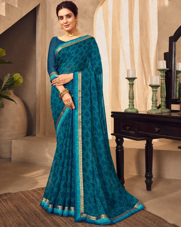 Vishal Prints Peacock Blue Printed Chiffon Saree With Fancy Border