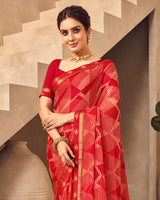 Vishal Prints Dark Red Printed Chiffon Saree With Fancy Border