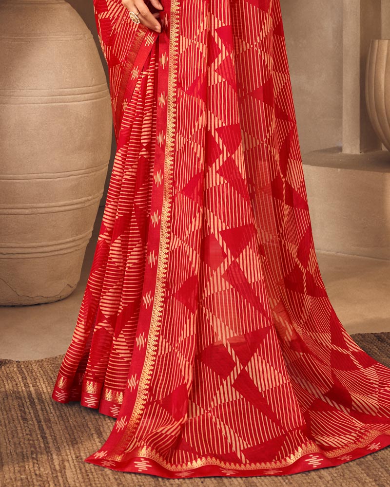 Vishal Prints Dark Red Printed Chiffon Saree With Fancy Border