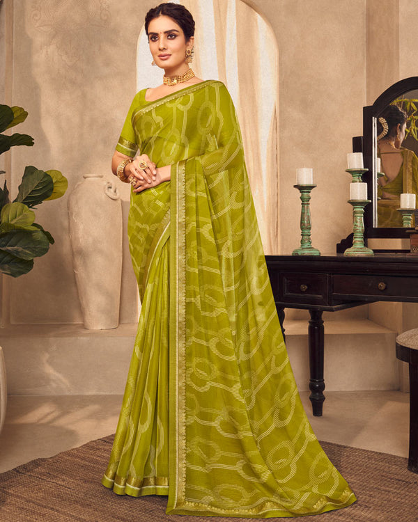 Vishal Prints Olive Yellow Printed Chiffon Saree With Fancy Border