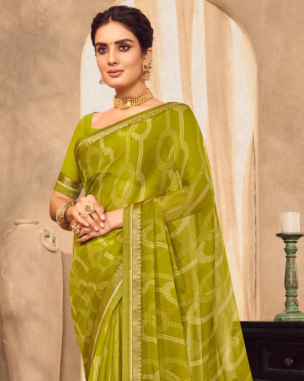 Vishal Prints Olive Yellow Printed Chiffon Saree With Fancy Border