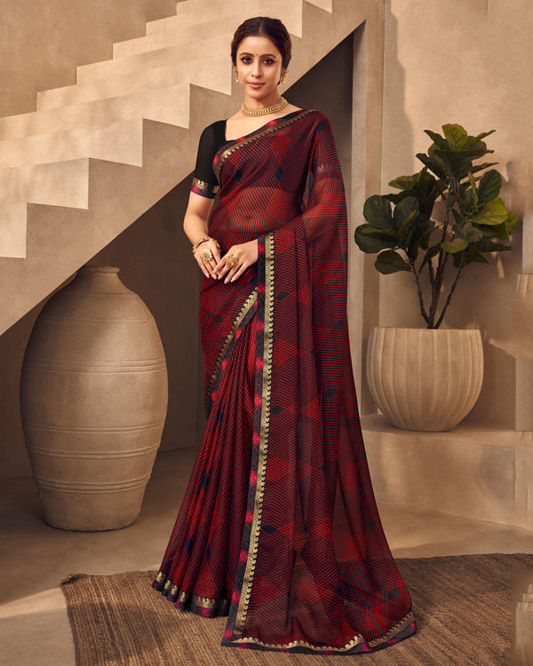 Vishal Prints Cherry Red Printed Chiffon Saree With Fancy Border