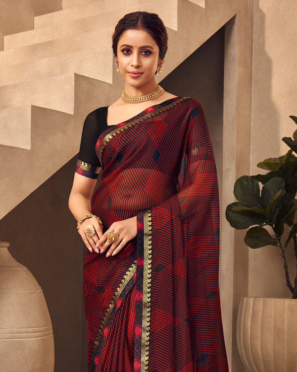 Vishal Prints Cherry Red Printed Chiffon Saree With Fancy Border