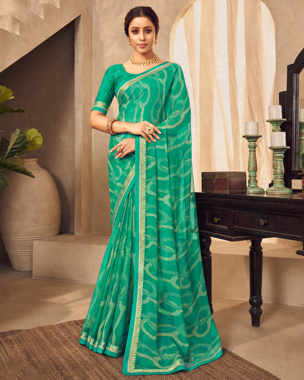 Vishal Prints Dark Mint Green Printed Chiffon Saree With Fancy Border