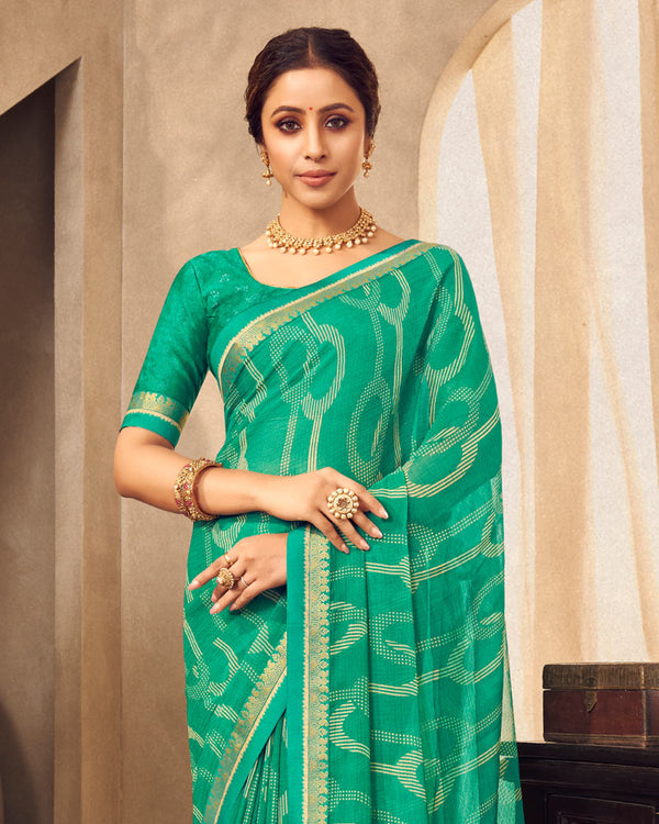 Vishal Prints Dark Mint Green Printed Chiffon Saree With Fancy Border